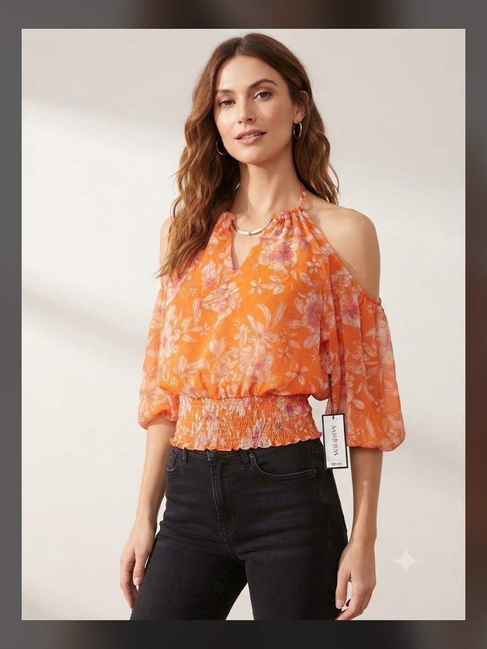 🧡NWT Sam & Jess Orange Floral Off-Shoulder Metallic Neck Hardware Top Size XS